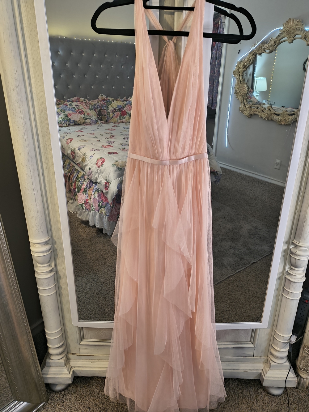 White by Vera Wang Blush Pink Tulle Halter Maxi Dress Size 6 Formal Gown
